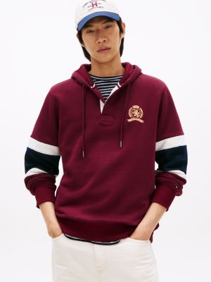 Colorblock Stripe Sleeve Fleece Hoodie, Deep Rouge