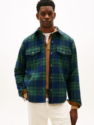 Plaid Wool-Blend Padded Shirt Jacket, Carbon Navy/Green Check