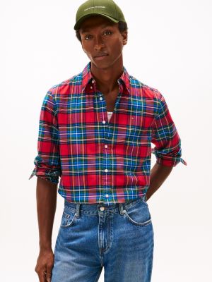 Regular Fit Plaid Stretch Oxford Shirt, Primary Red