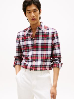 Regular Fit Plaid Stretch Oxford Shirt, Optic White/Red
