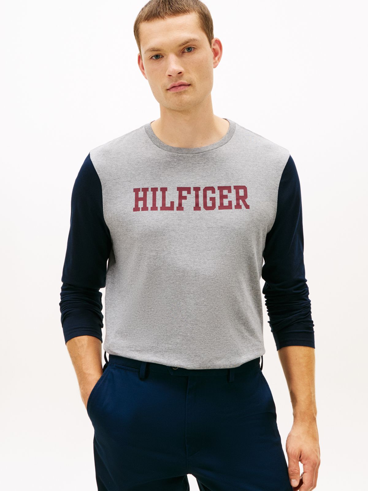 Long-Sleeve Colorblock Hilfiger T-Shirt — Grey Heather