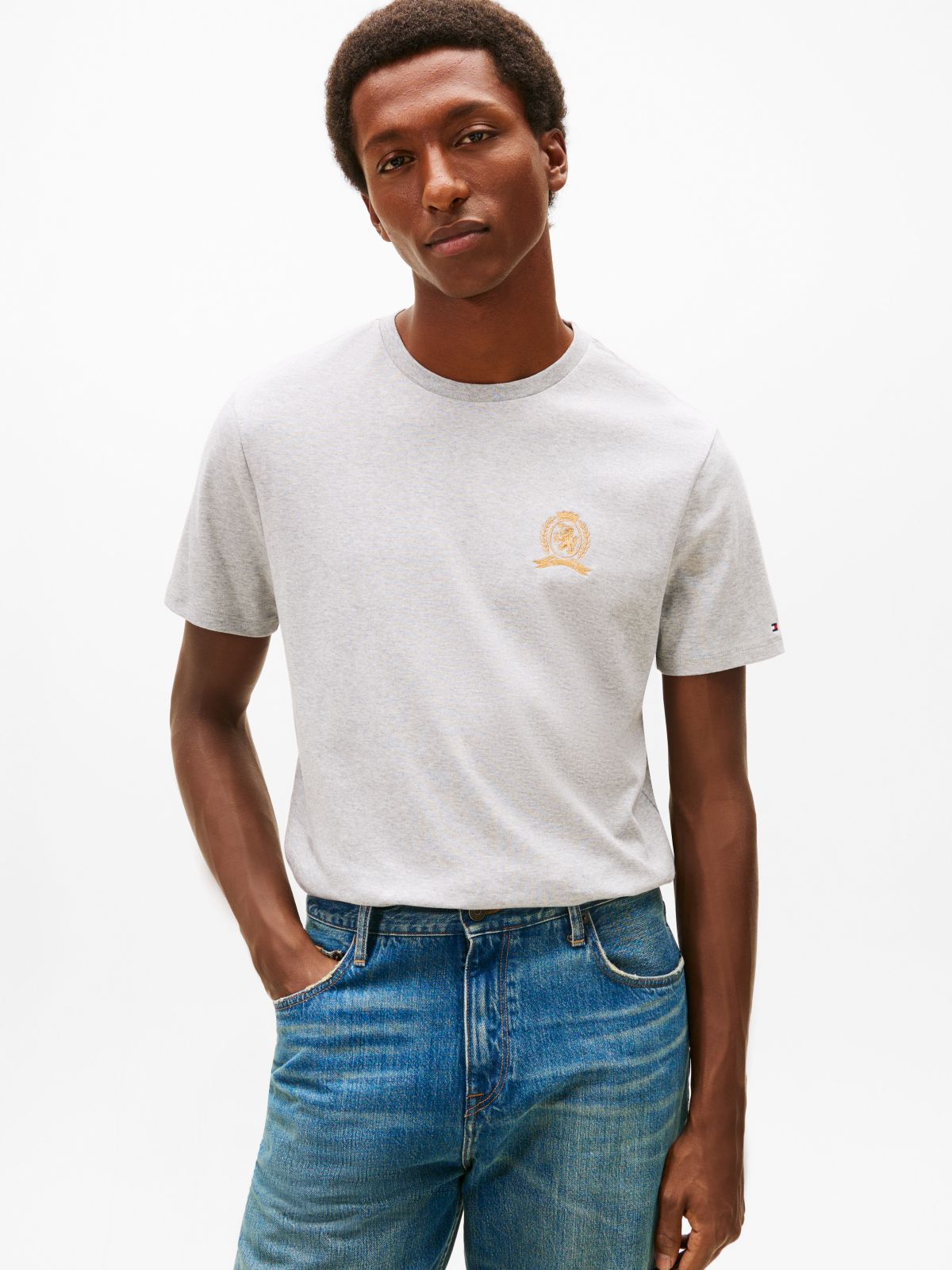 Embroidered Crest Logo T-Shirt — Grey Heather