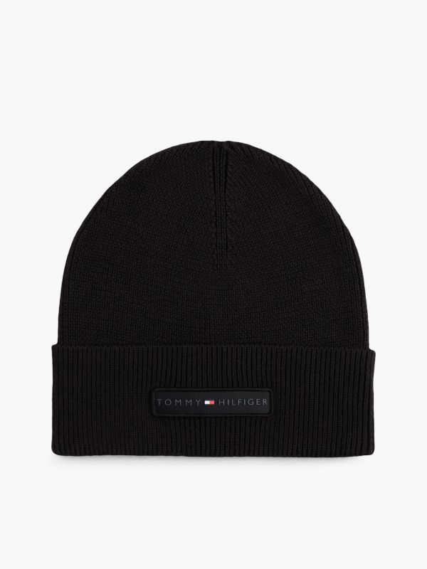 Monotype Patch Rib-Knit Beanie — Black