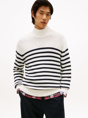 Relaxed Breton Stripe Mockneck Sweater, Ivory