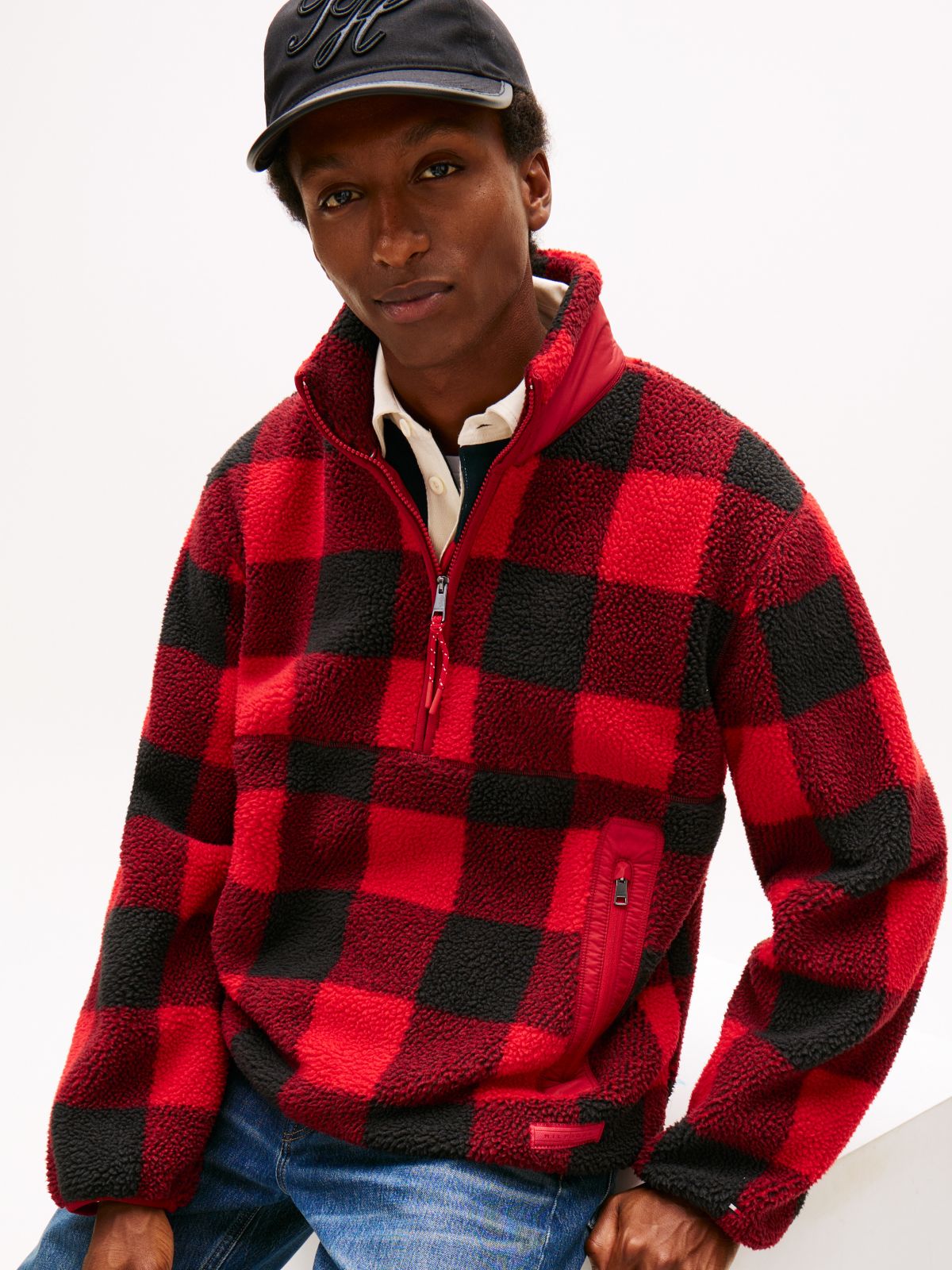 Check Teddy Fleece Quarter-Zip Jacket — Primary Red