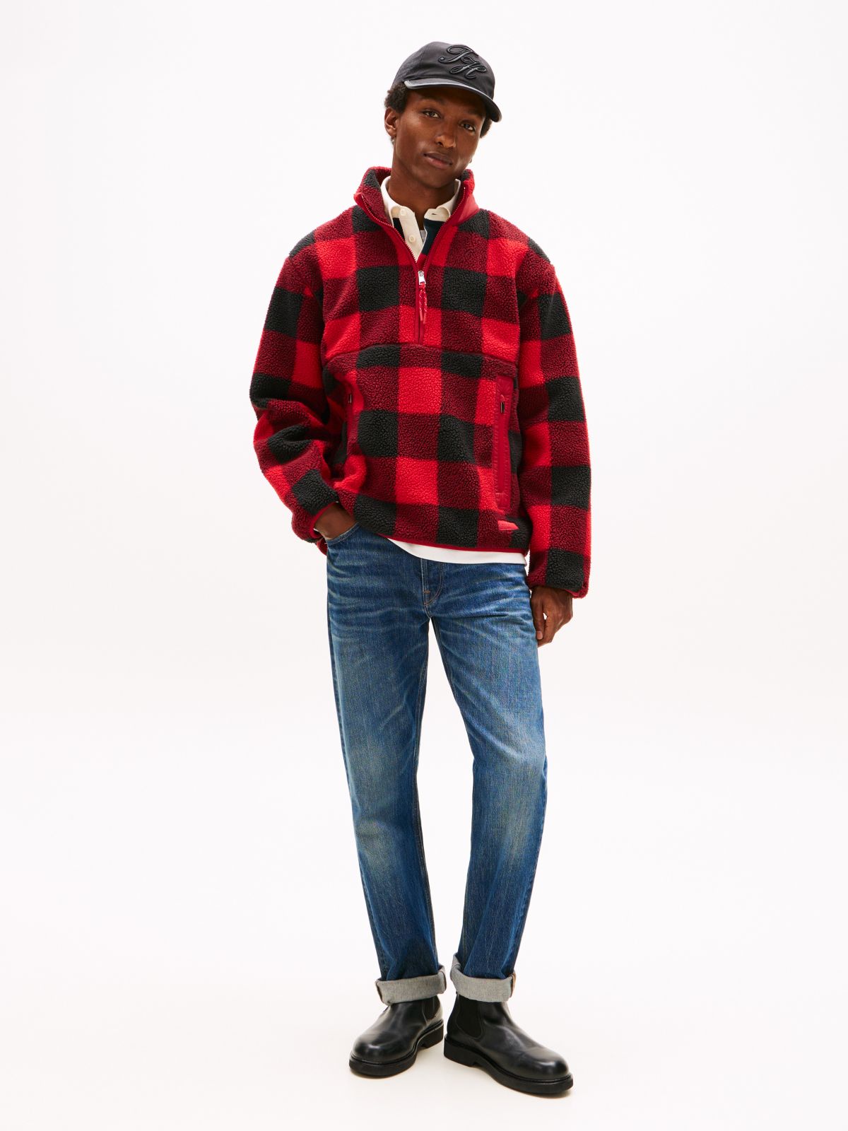 Check Teddy Fleece Quarter-Zip Jacket — Primary Red