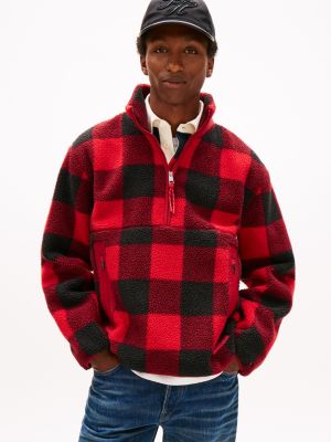Check Teddy Fleece Quarter-Zip Jacket, Primary Red