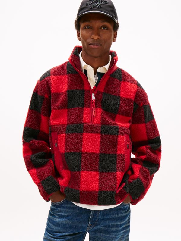 Check Teddy Fleece Quarter-Zip Jacket — Primary Red