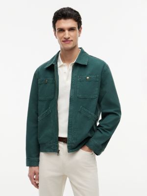 Garment-Dyed Denim Utility Zip Jacket, Rainforest Green