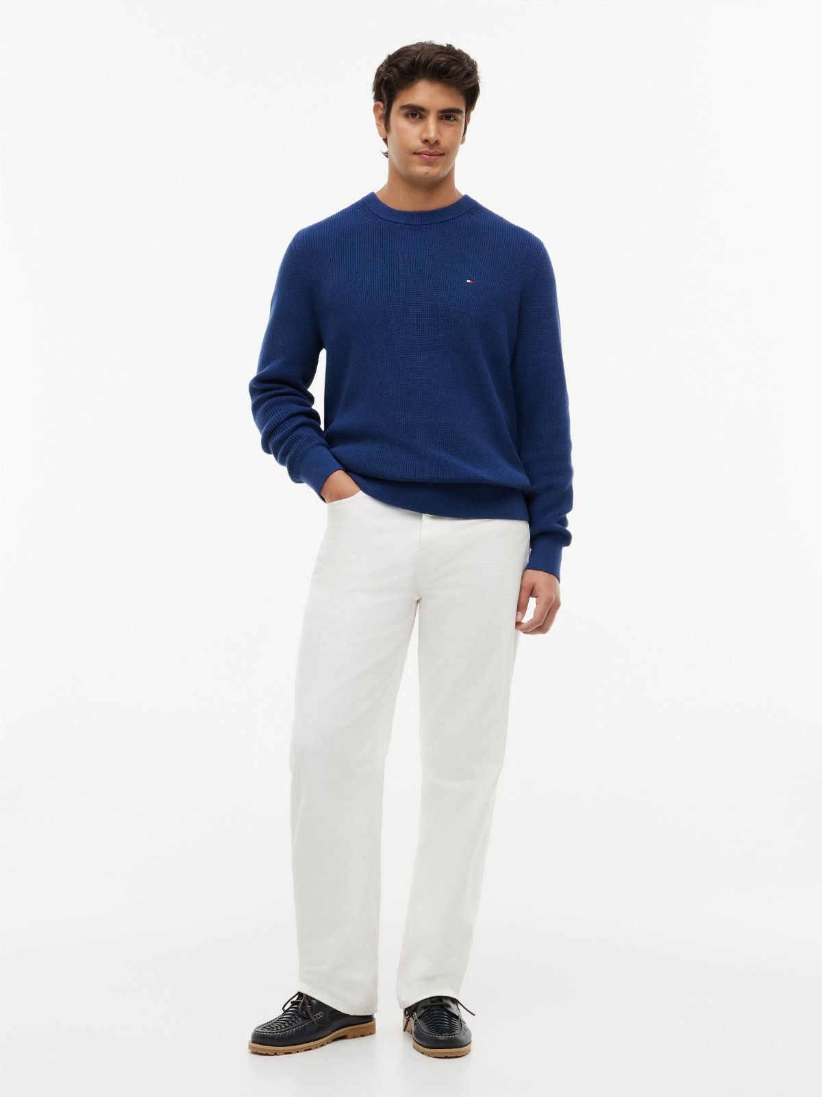 Mixed-Knit Crewneck Sweater — Indigo Blue