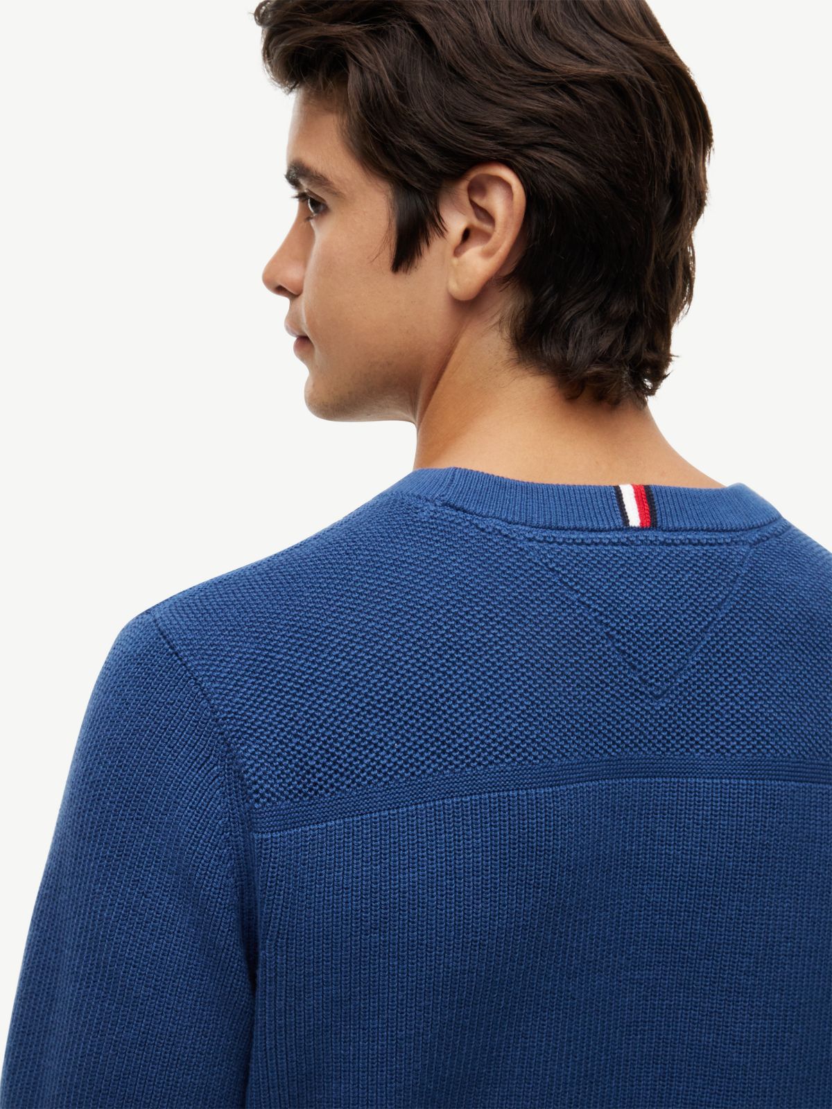 Mixed-Knit Crewneck Sweater — Indigo Blue