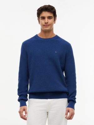 Mixed-Knit Crewneck Sweater, Indigo Blue