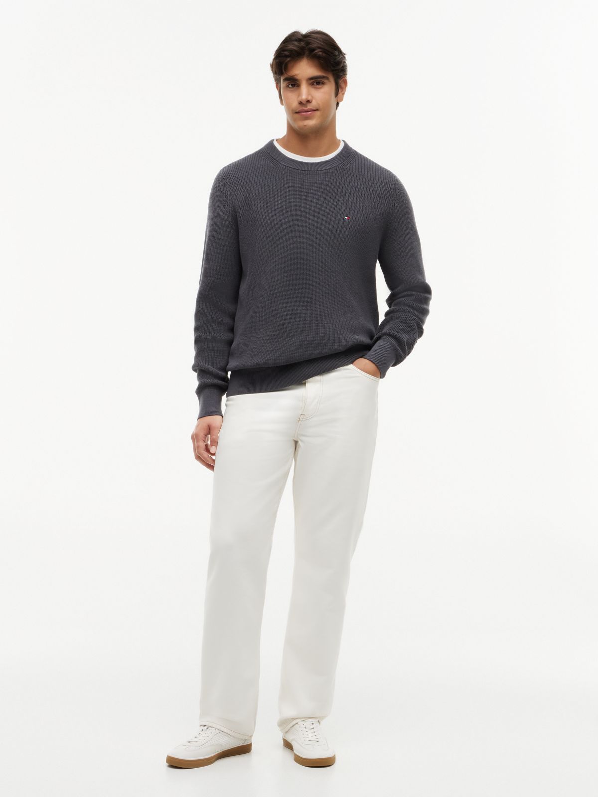 Mixed-Knit Crewneck Sweater — Washed Black