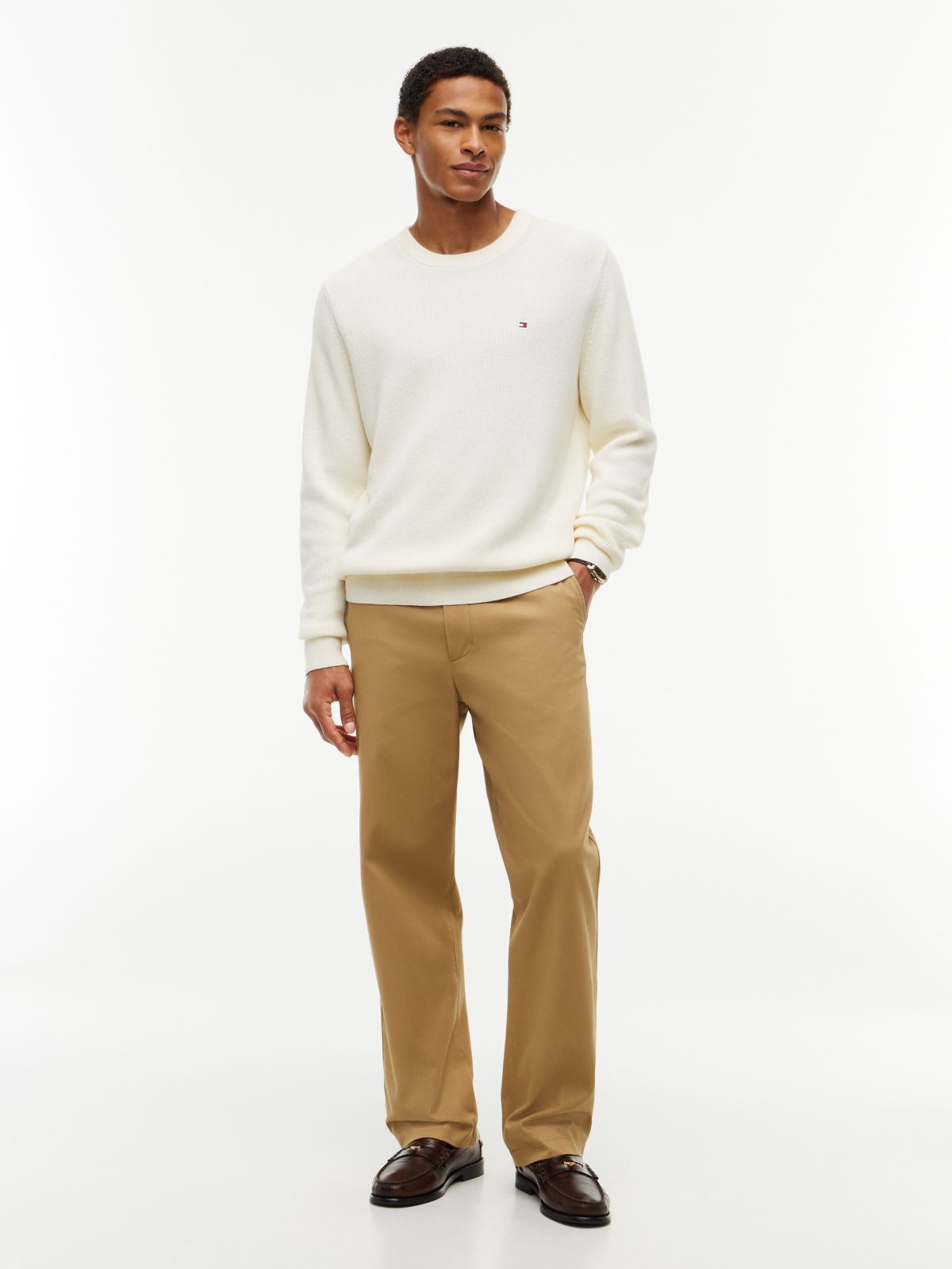 Mixed-Knit Crewneck Sweater — Rich Cream