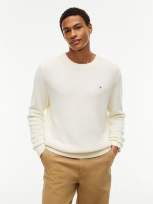Mixed-Knit Crewneck Sweater, Rich Cream