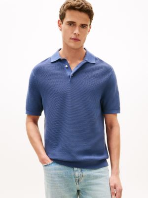 Short-Sleeve Waffled Sweater Polo, Faded Indigo