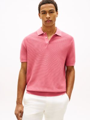 Short-Sleeve Waffled Sweater Polo, Petal Pink