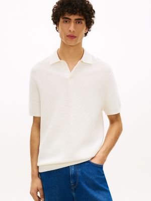 Short-Sleeve Waffled Sweater Polo, Ivory Silk