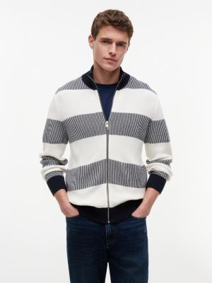 Block Stripe Zip Cardigan, Navy