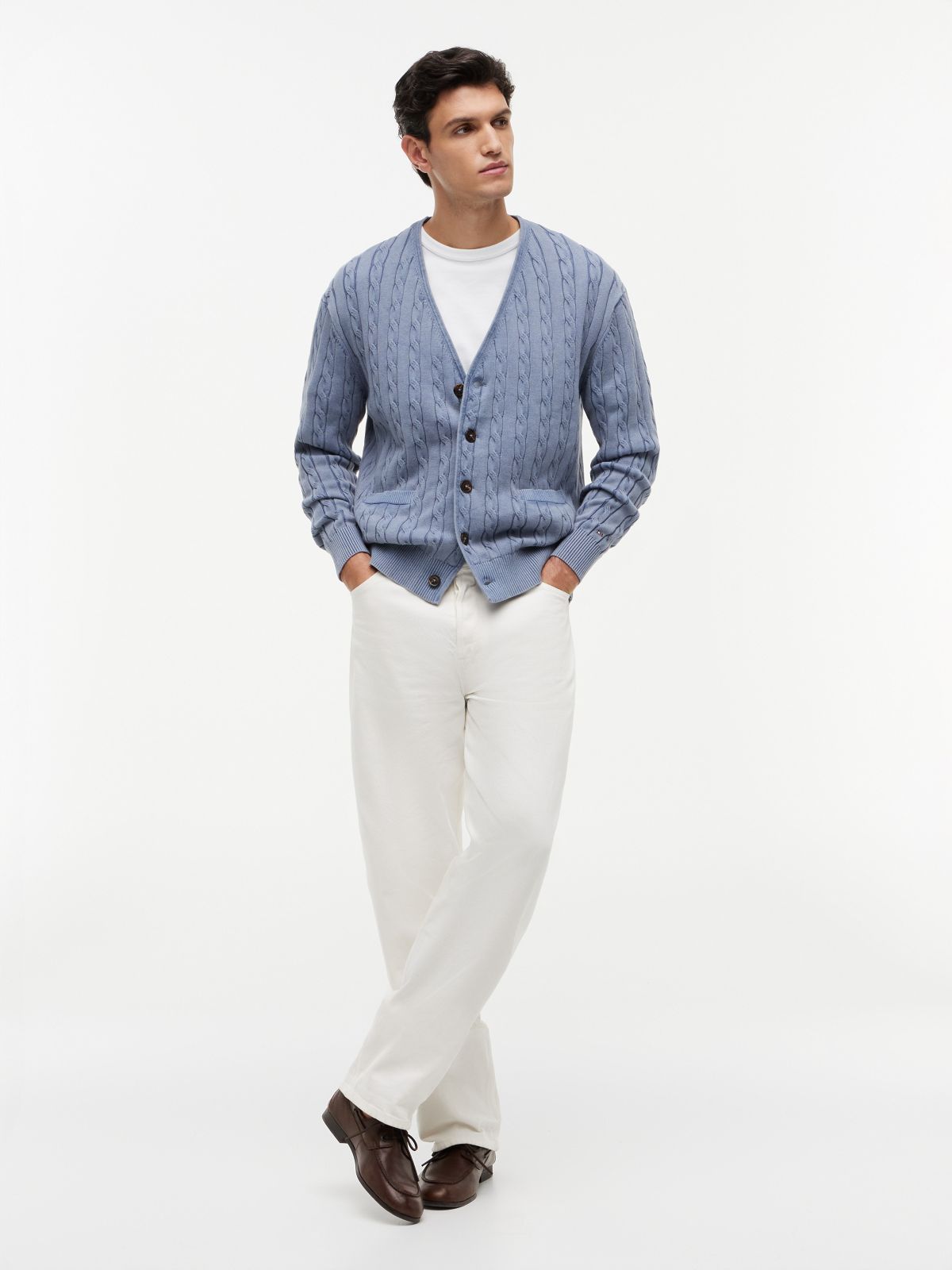 Garment-Dyed Cable Knit Cardigan — Brisk Blue