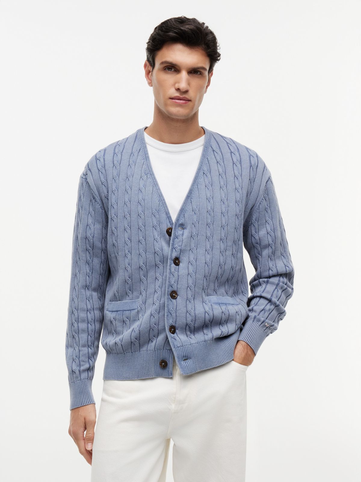 Garment-Dyed Cable Knit Cardigan — Brisk Blue