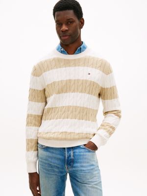 Stripe Cable Knit Sweater, Sandalwood/White Stripe