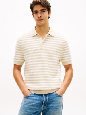 Short-Sleeve Stripe Waffled Sweater Polo, Casablanca/White Stripe