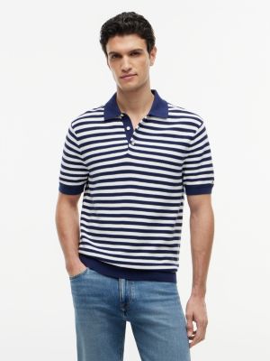 Short-Sleeve Stripe Waffled Sweater Polo, Navy/White Stripe