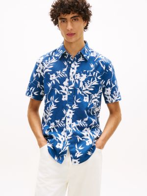 Tropical Print Linen-Blend Shirt, Indigo Blue