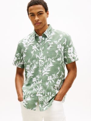 Tropical Print Linen-Blend Shirt, Desert Olive
