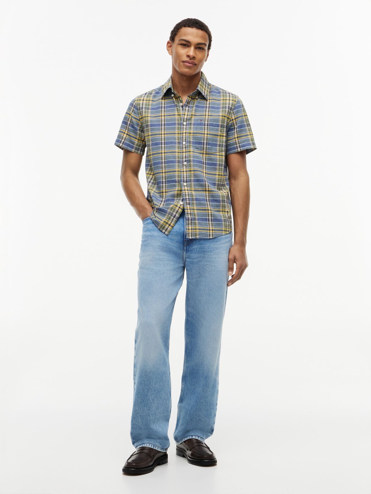 Regular Fit Plaid Linen-Blend Shirt — Brisk Blue Multi