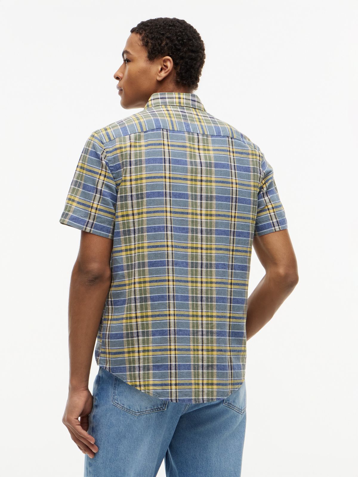 Regular Fit Plaid Linen-Blend Shirt — Brisk Blue Multi