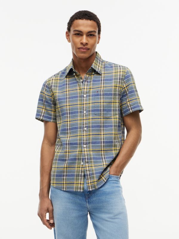 Regular Fit Plaid Linen-Blend Shirt — Brisk Blue Multi