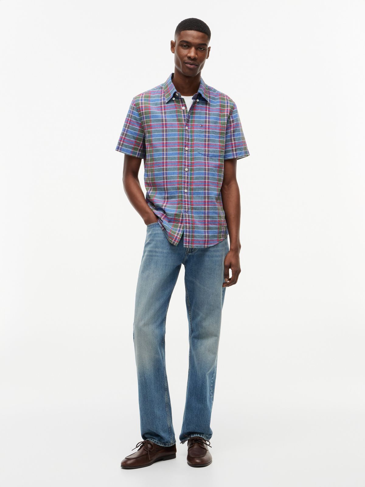 Regular Fit Plaid Linen-Blend Shirt — Blue Spell Multi