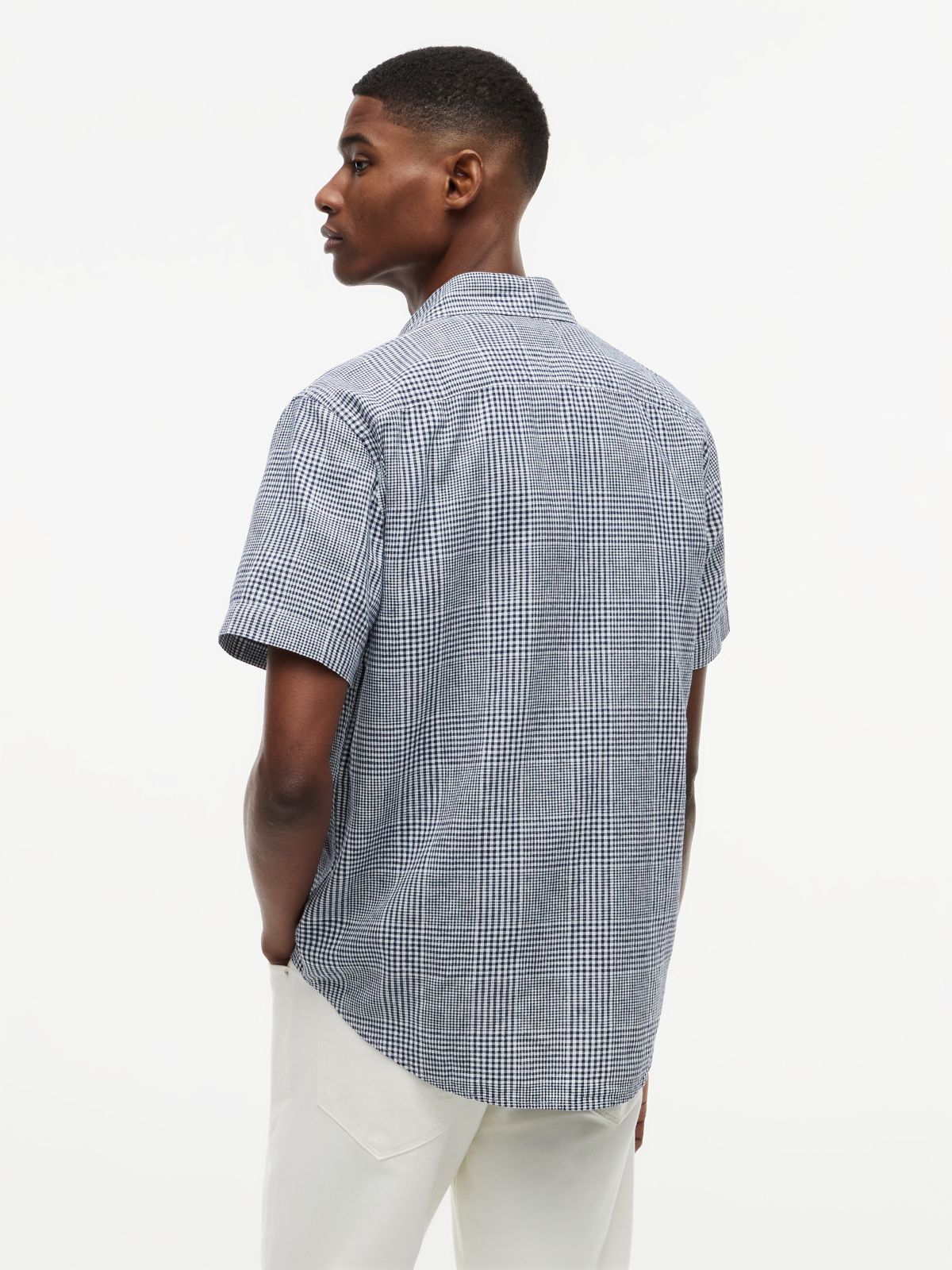 Regular Fit Glen Plaid Linen-Blend Shirt — Light Navy