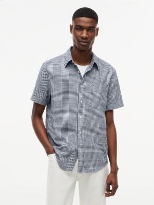 Regular Fit Glen Plaid Linen-Blend Shirt, Navy
