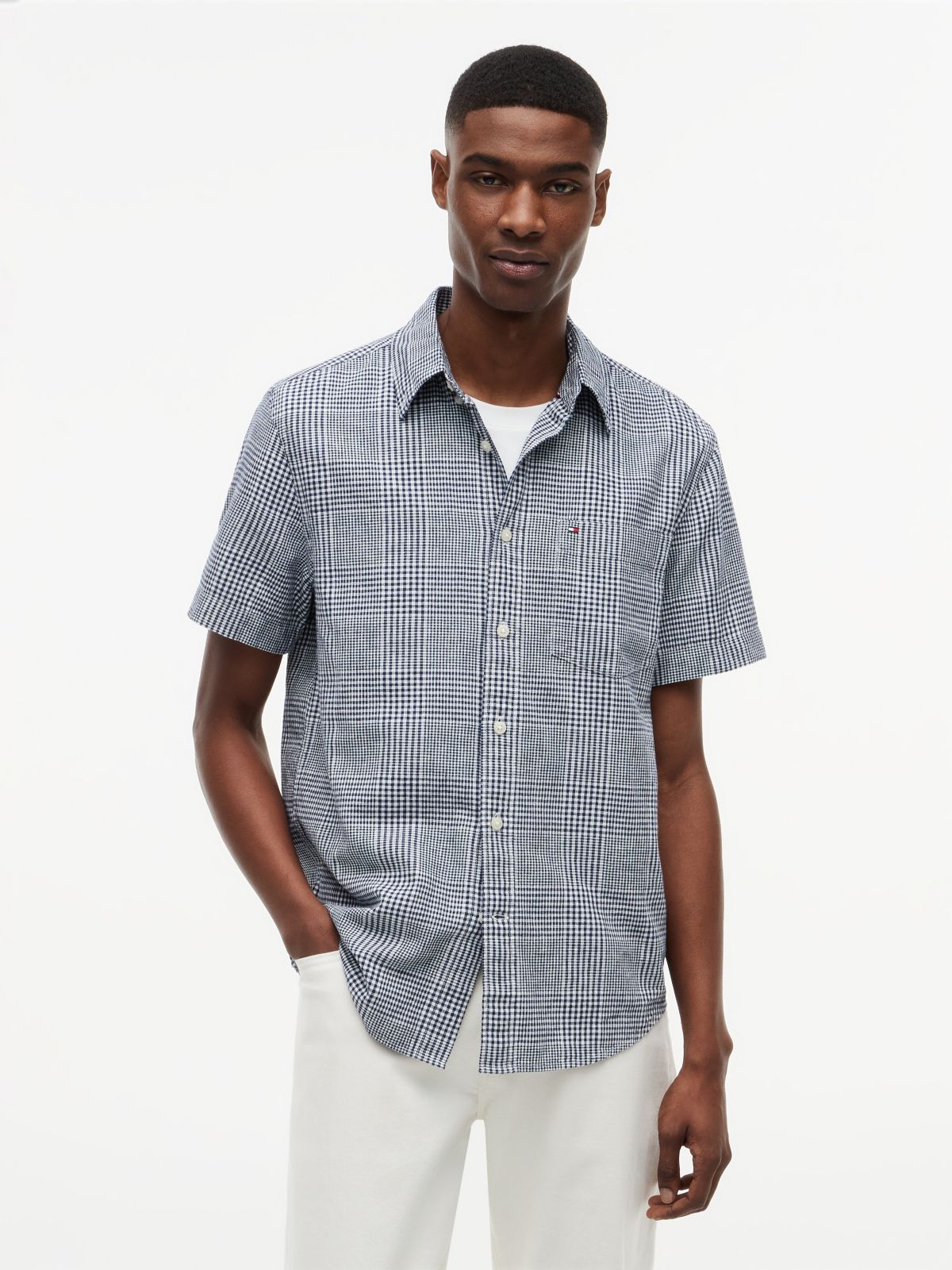 Regular Fit Glen Plaid Linen-Blend Shirt — Light Navy