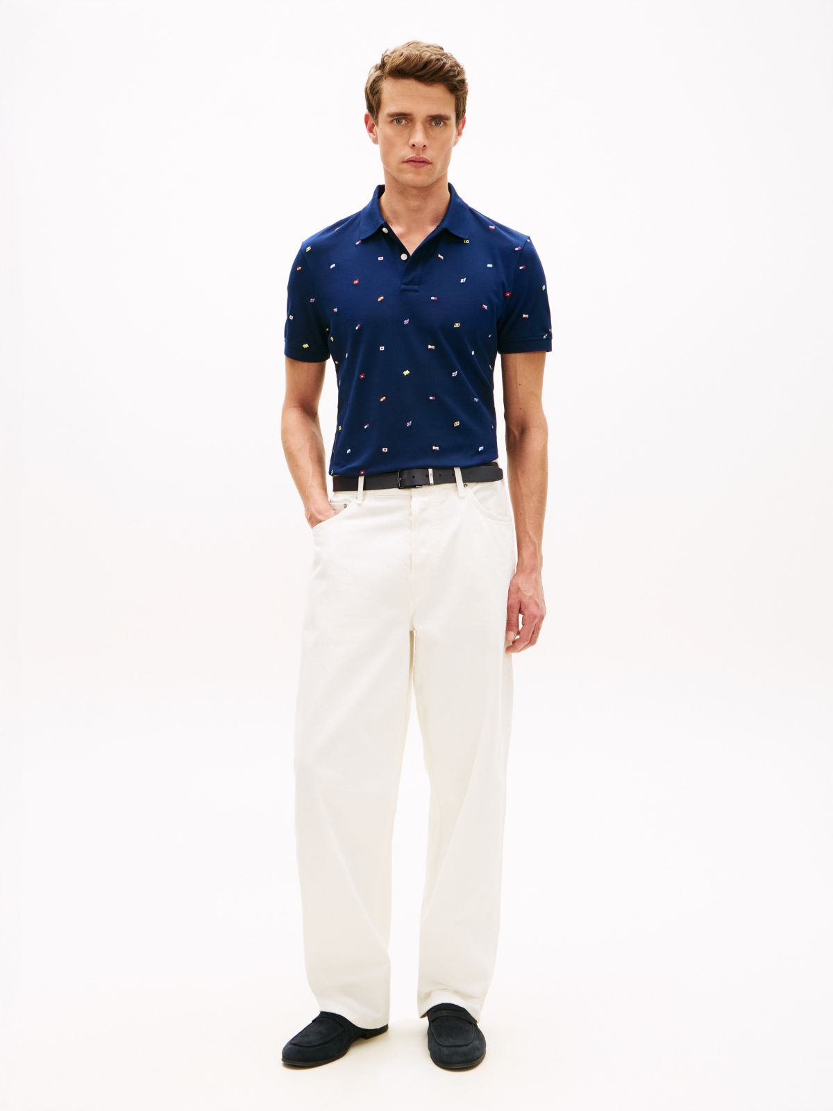 Regular Fit Allover Flag Pique Polo — Light Navy