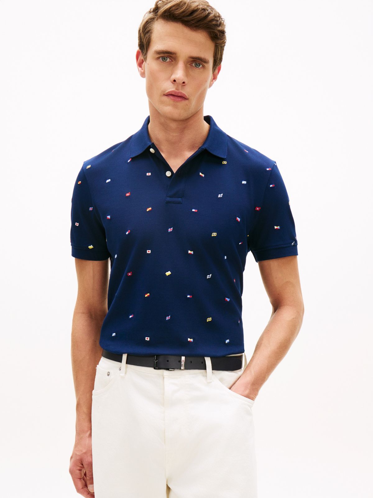 Regular Fit Allover Flag Pique Polo — Light Navy