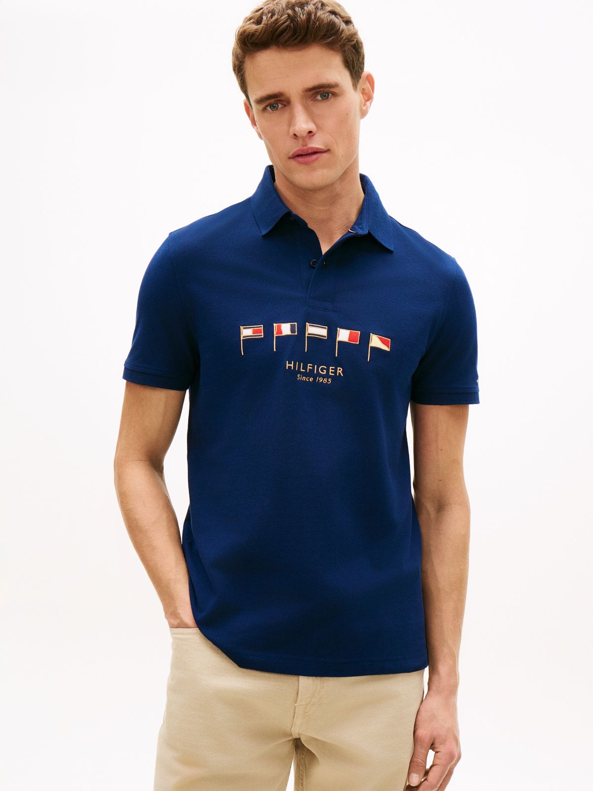 Regular Fit Nautical Flag Pique Polo — Light Navy