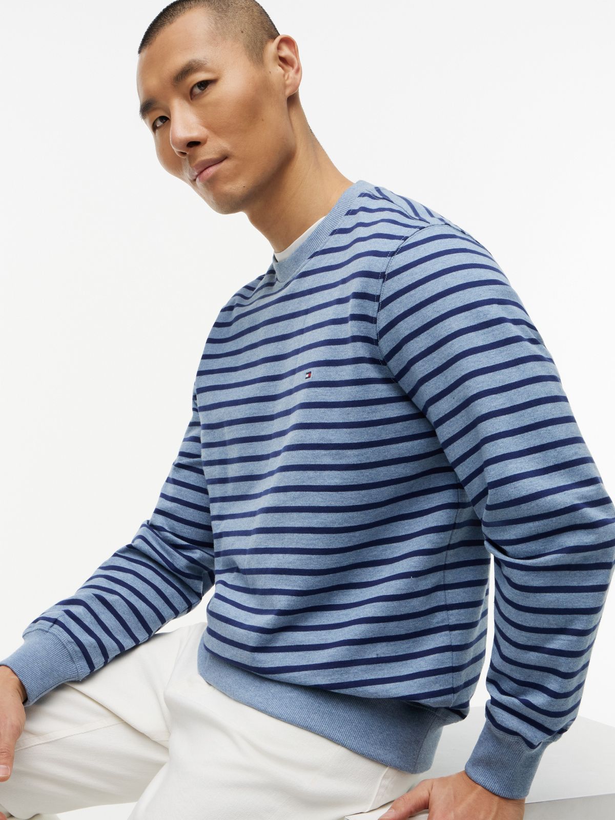 Striped Terry Crewneck Sweatshirt — Blue