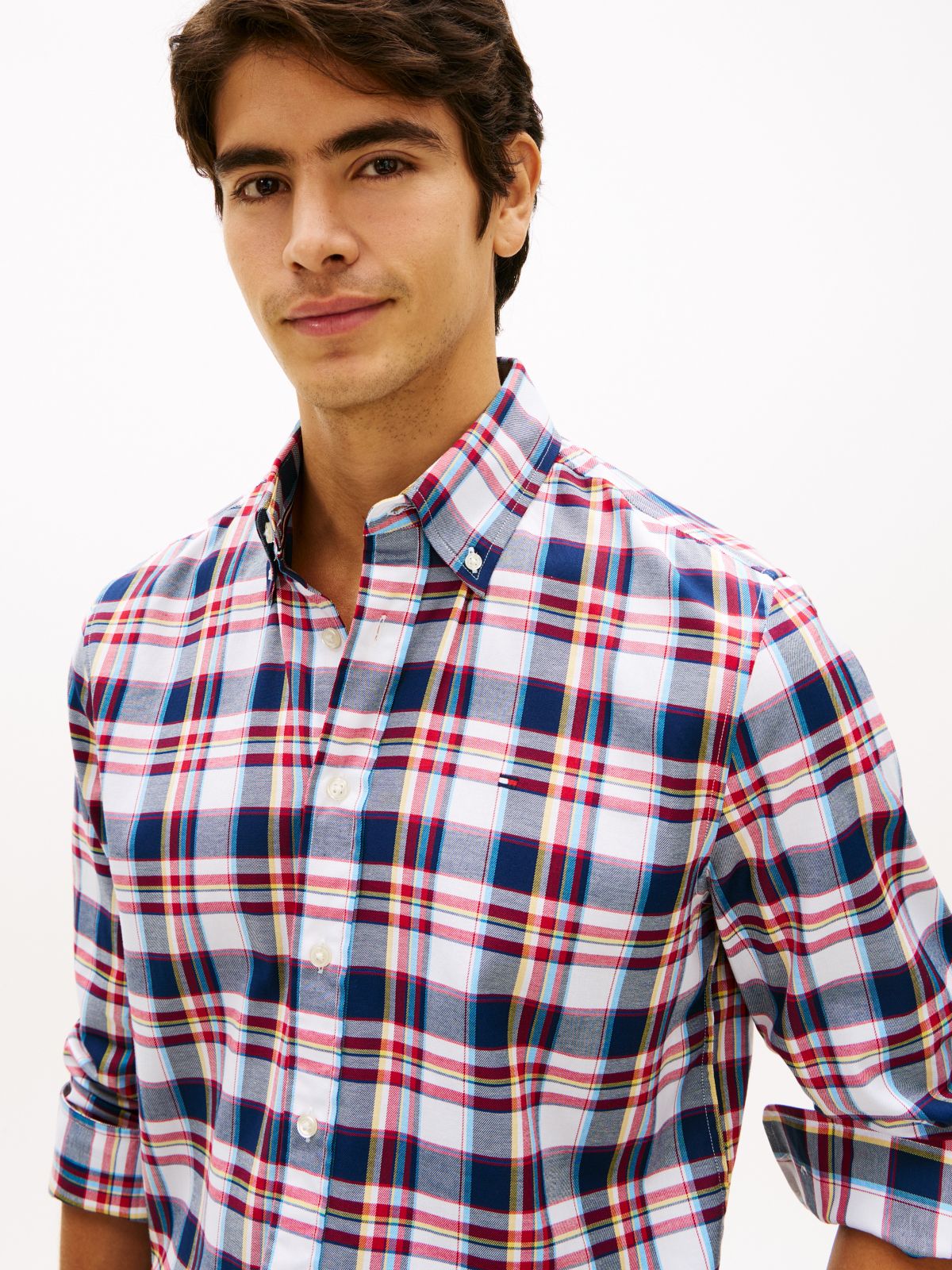 Regular Fit Bold Plaid Twill Shirt — Optic White/Red/Navy Multi