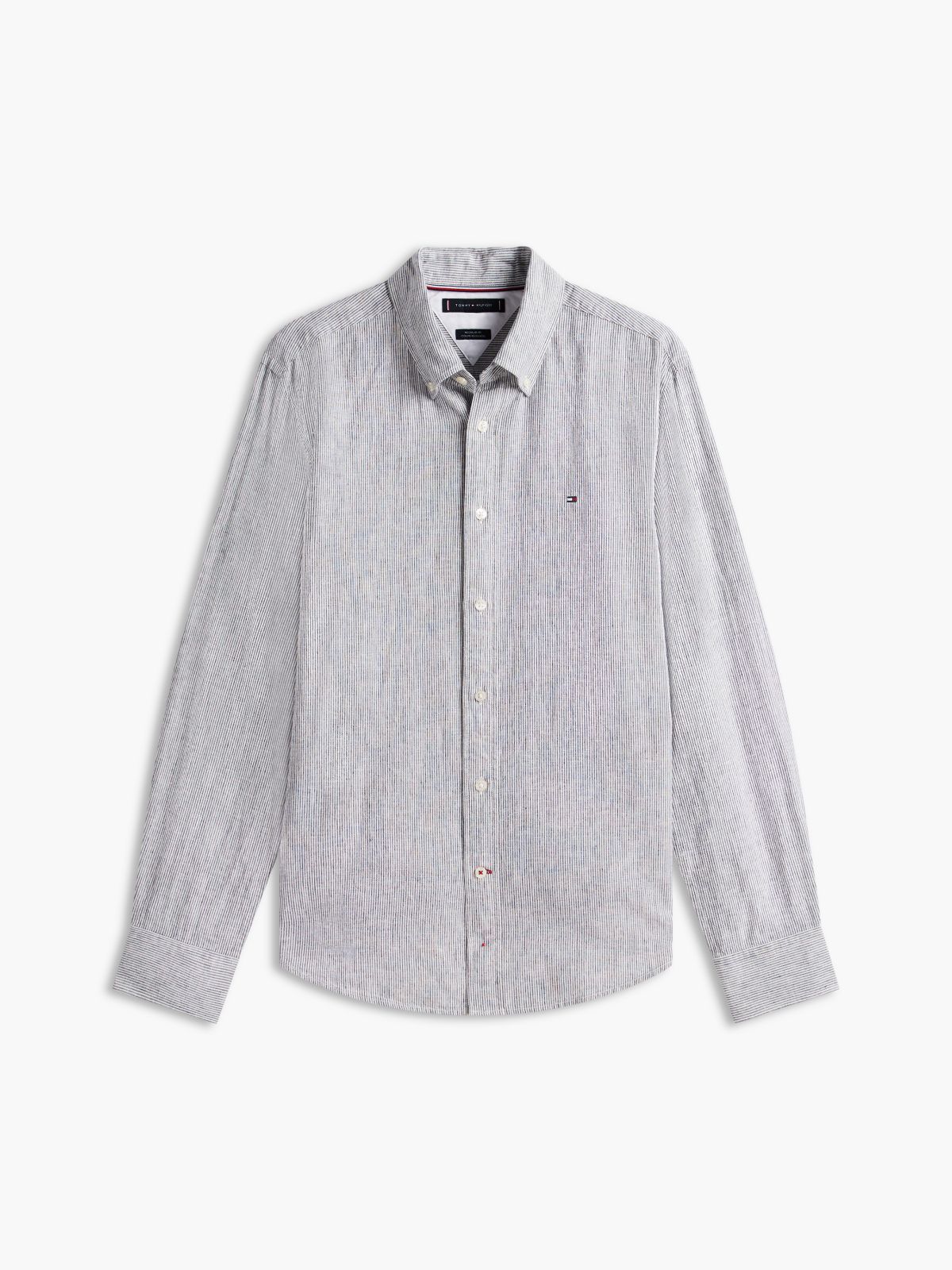Regular Fit Striped Linen-Blend Shirt — Pitch Blue