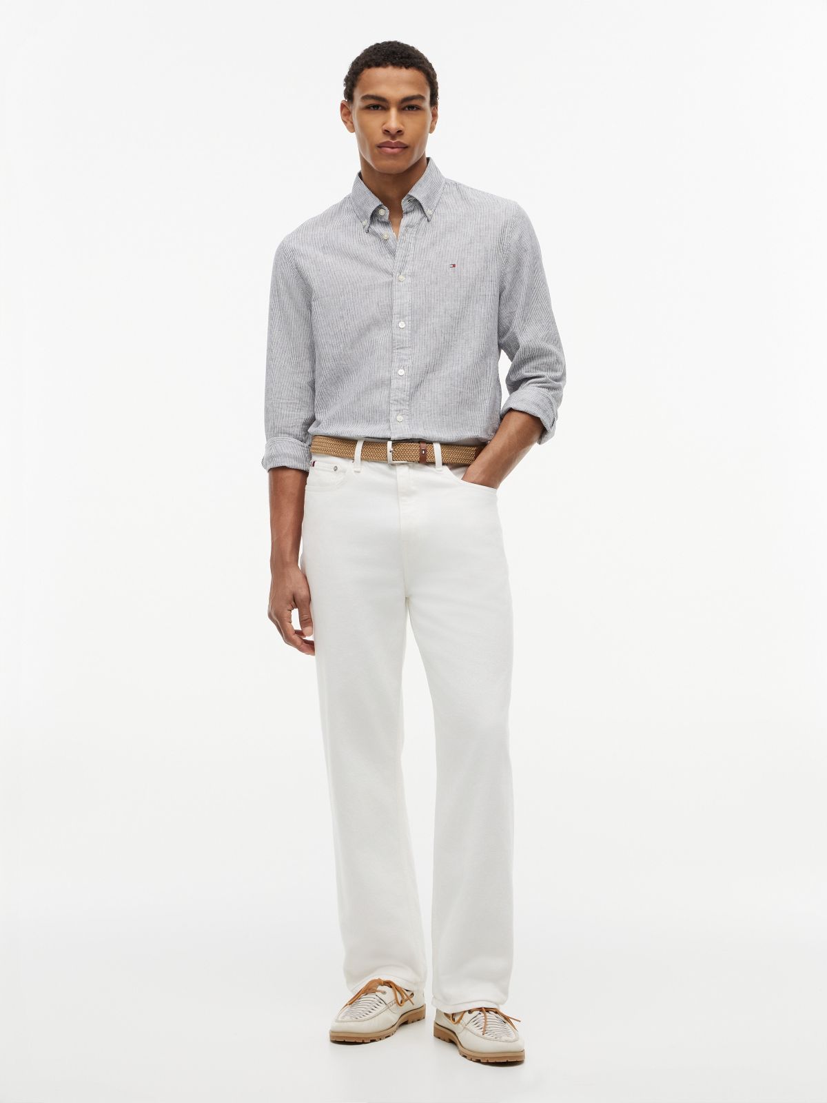 Regular Fit Striped Linen-Blend Shirt — Pitch Blue