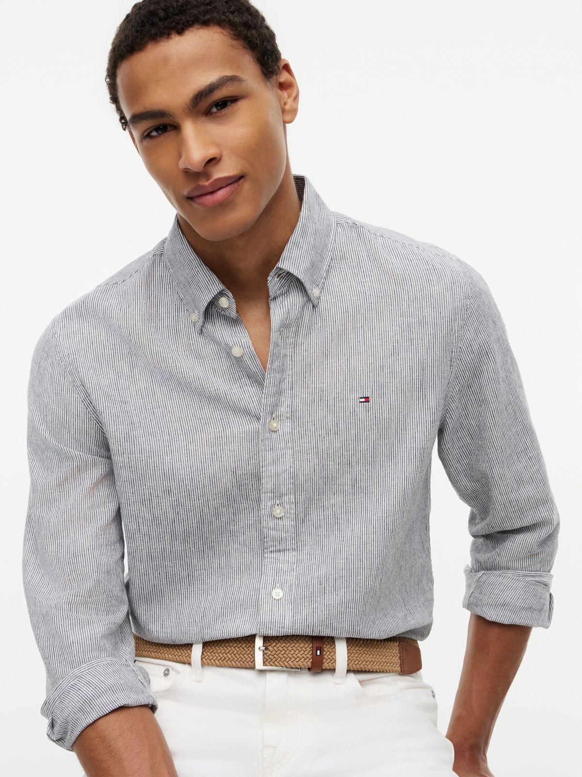 Regular Fit Striped Linen-Blend Shirt — Pitch Blue