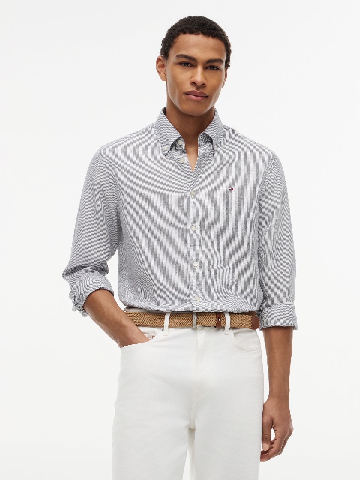 Regular Fit Striped Linen-Blend Shirt — Pitch Blue