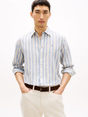 Regular Fit Striped Linen-Blend Shirt, Brisk Blue Stripe