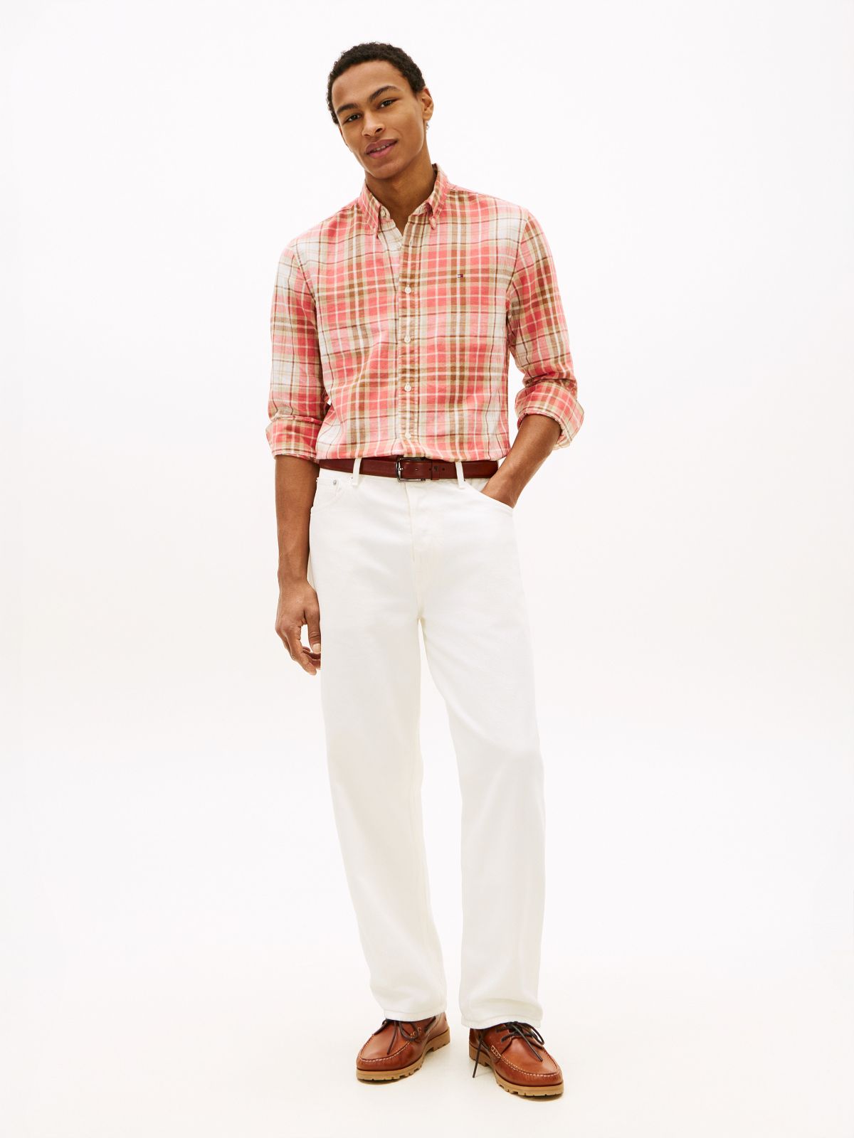 Regular Fit Plaid Linen-Blend Shirt — Yellow Stone Check