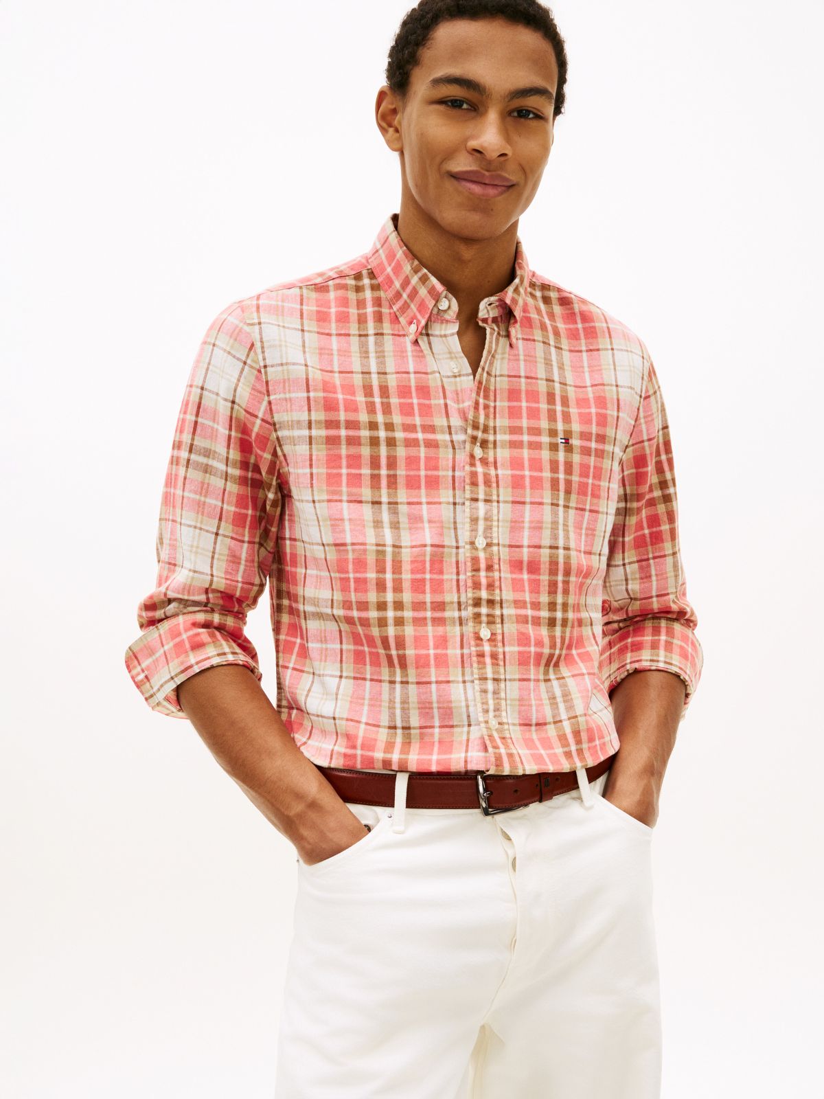 Regular Fit Plaid Linen-Blend Shirt — Yellow Stone Check