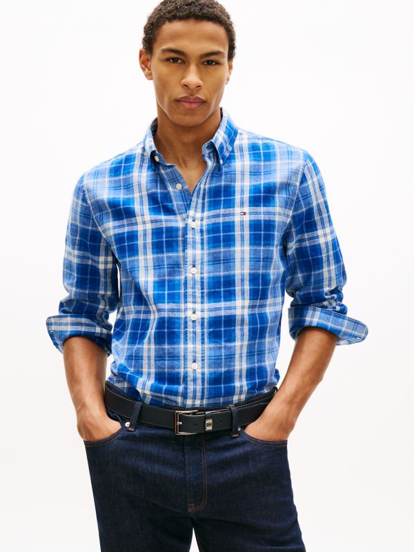 Regular Fit Plaid Linen-Blend Shirt — Indigo Blue